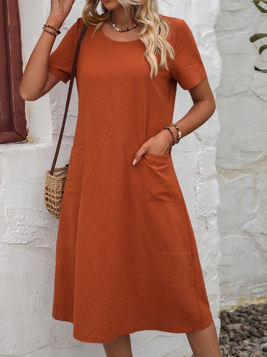 Women's Midi  Faux Cotton Linen  Dress A Line Dress Summer Dress Casual Daily Loose Fit Plain Short Sleeve Crew Neck Black Orange Army Green Apricot Summer 2026 - $28.99 –P1