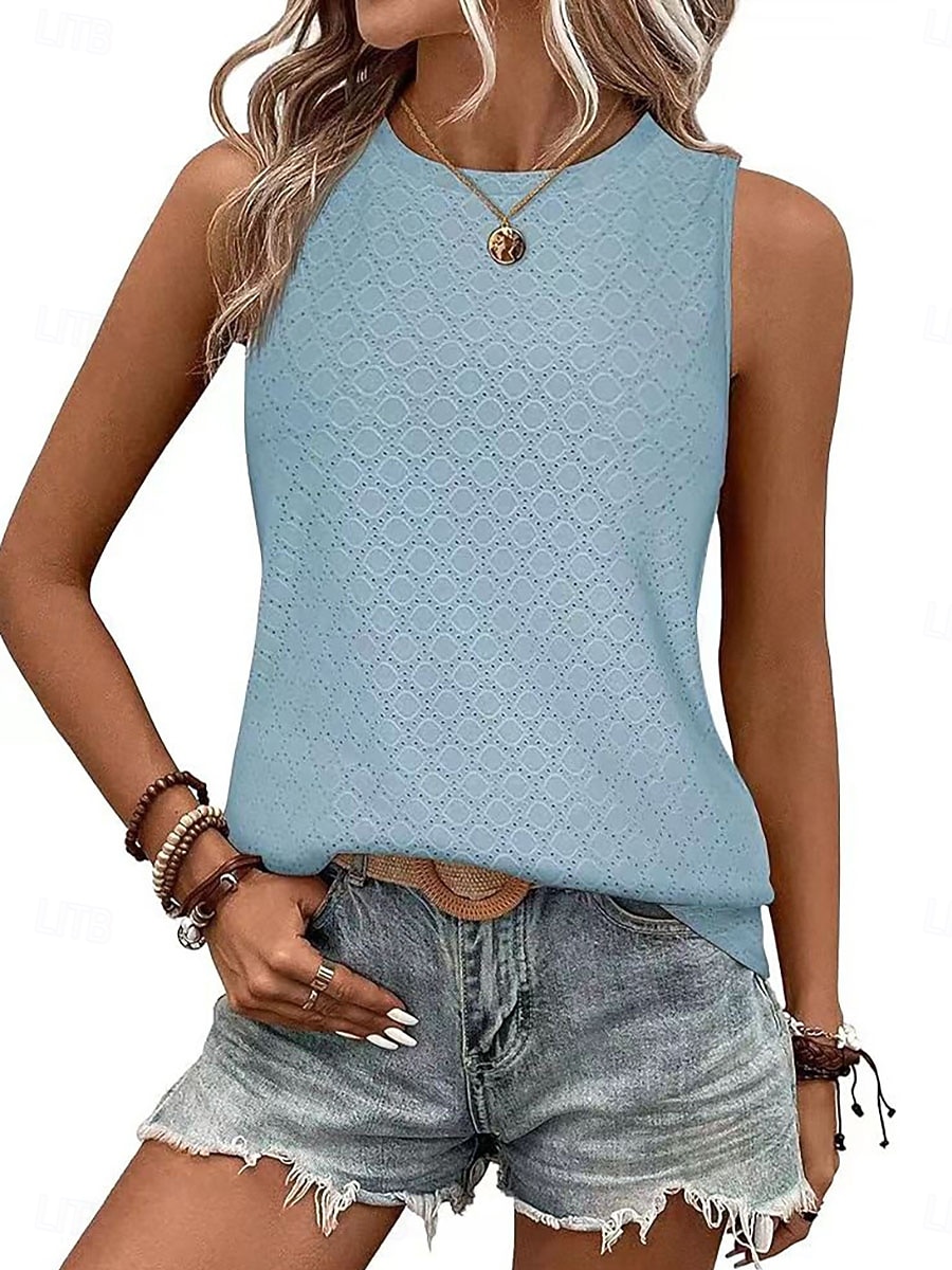 Per donna Maglietta Canotta Patchwork Traforato Tinta unica Moda Elegante Classico Senza Maniche Girocollo Top lunghi Quotidiano Uscire Weekend Bianco Rosa Vino Azzurro cielo Estate Primavera del 2026 a $21.99 –P8