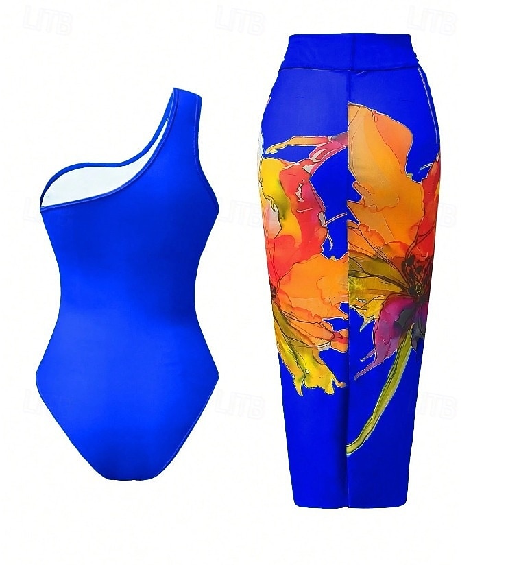 Mulheres Roupa de Banho 2 partes Monoquíni Saia roupa de banho Compressão abdominal Cintura Alta Delgado Frente Única Férias Roupa de Praia Floral Pescoço Assimétrico Sem Manga Fatos de banho de 2026 por $29.99 –P9