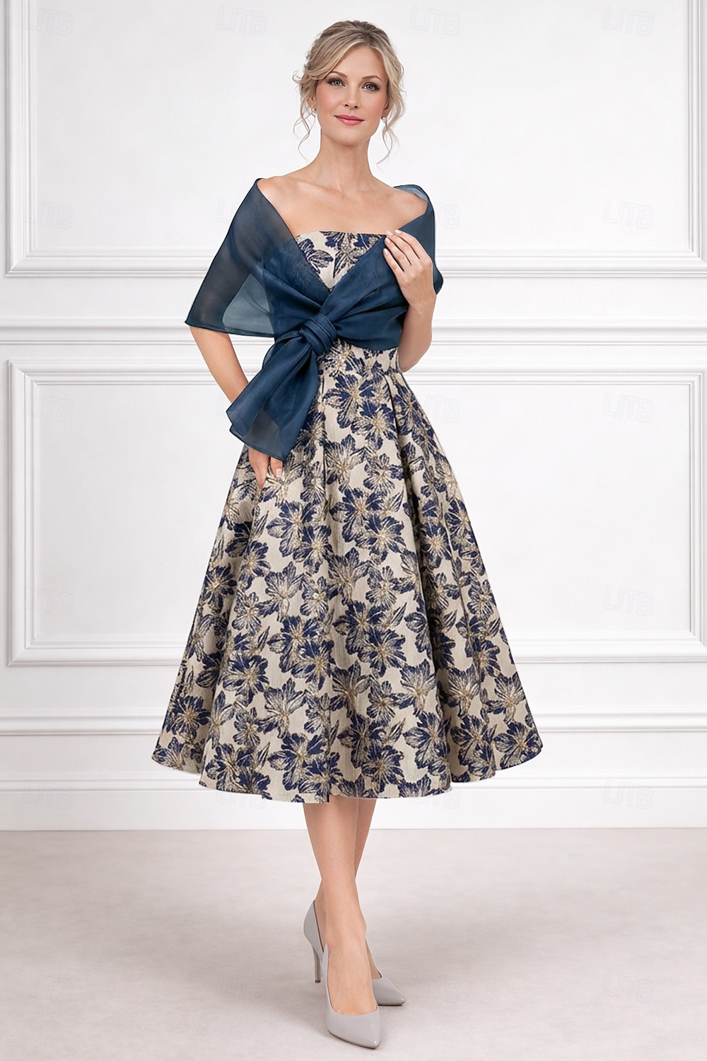 A-Linie Tee-Länge Kleid für Hochzeitsgäste Brautmutterkleid Ärmellos Trägerlos Elegant Einfach Minimalistisch Formell Cocktailparty Semi-Formal Jacquard Mit Schal mit Falten 2026 - $182.99 –P4