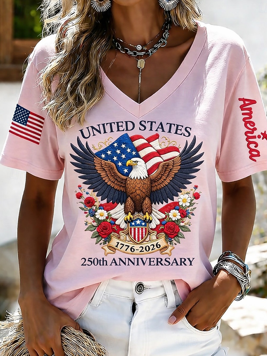 día de la independencia americana Mujer Camiseta Estampado Graphic Bandera Vintage Elegante Clásico Manga Corta Escote en Pico Tops regulares Diario Rosa Verano Primavera 2026 - $21.99 –P1