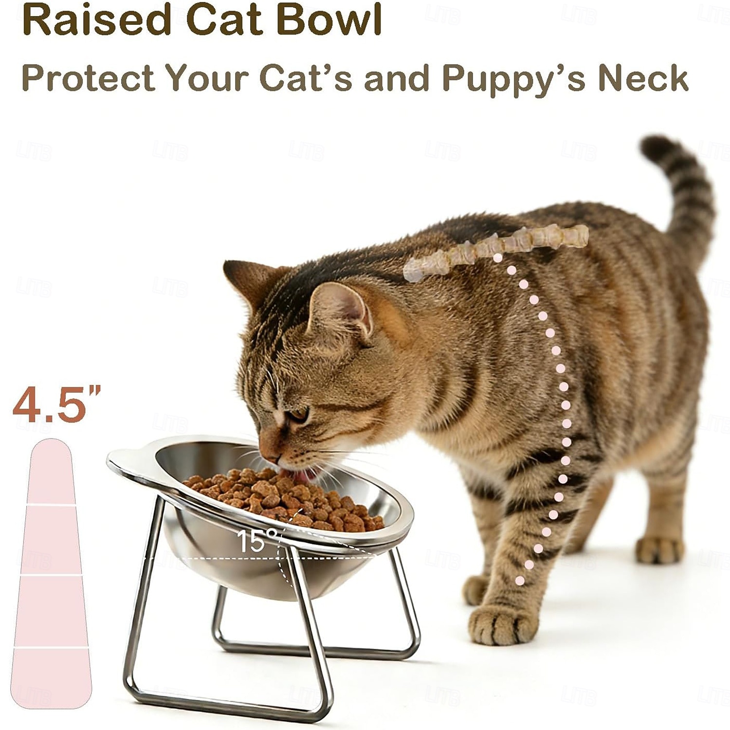 Verhoogde voer- en waterbakken van roestvrij staal met metalen standaard en antislipvoet (15 graden gekanteld). Dubbele kom voor voer en water, geschikt voor katten, kittens en kleine honden. 2026 - $24.99 –P3