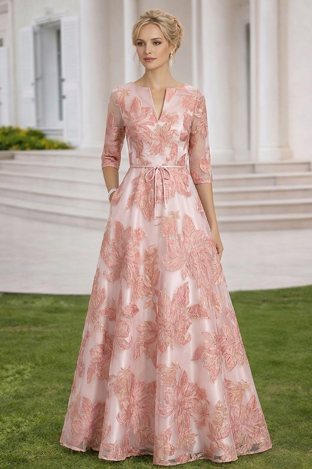 A-Line Floor Length Maxi Dress Wedding Guest Dress Mother of the Bride Dress 3/4 Length Sleeve V Neck Elegant Vintage Formal Satin Lace Organza with Floral Print Embroidery Flower 2026 - $182.99 –P1