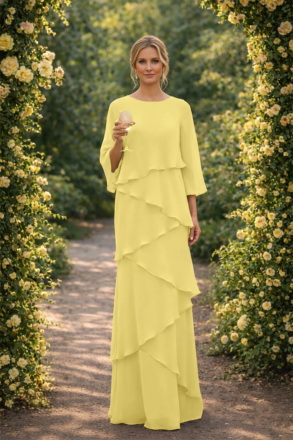 Schlauchkleid Bodenlang Kleid für Hochzeitsgäste Abendkleid Brautmutterkleid Dreiviertelarm Rundhalsausschnitt Elegant Formell Chiffon mit Rüschen 2026 - $89.99 –P5