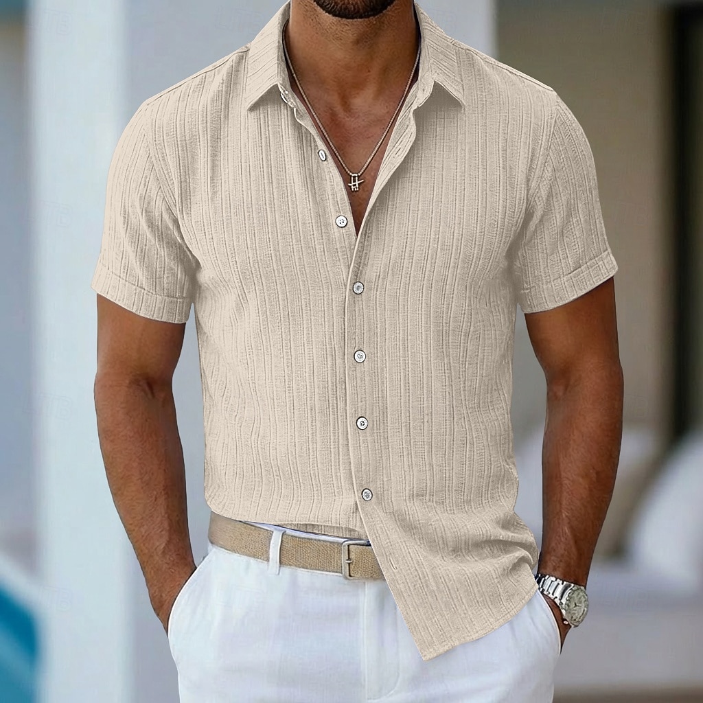 Men's Shirt Summer Shirt Casual Shirt Beach Shirt Button Up Shirt Navy Blue Short Sleeve Plain Lines / Waves Lapel Casual Streetwear Clothing Apparel Fashion Casual Comfortable Smart Casual 2026 - $25.99 –P10