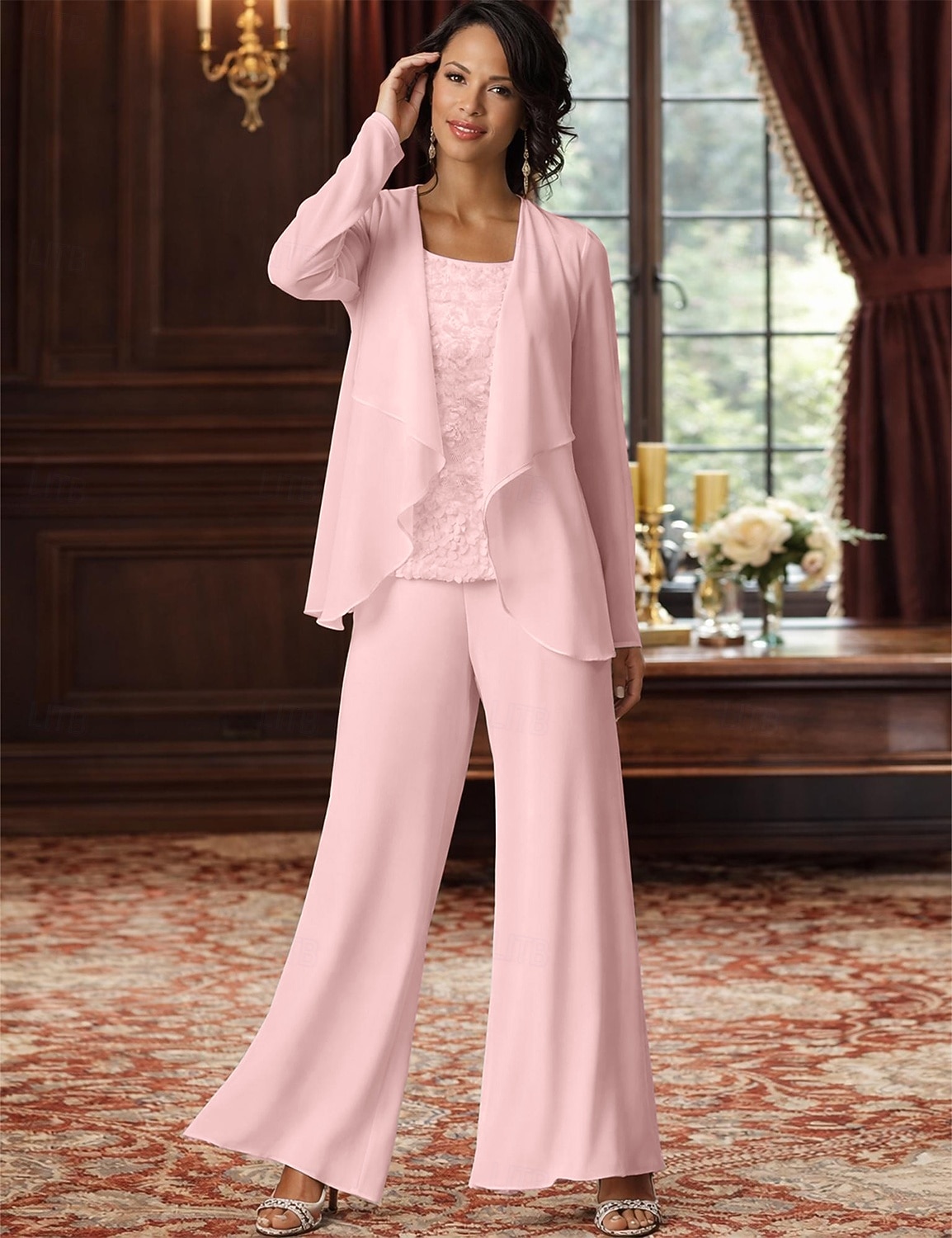 Traje de pantalón Traje de 3 piezas Hasta el Suelo Vestido de Madrina Sin Mangas Barco de cuello Elegante Talla Grande Bolero incluido Formal Invitado a la boda Gasa con Encaje 2026 - $126.99 –P7