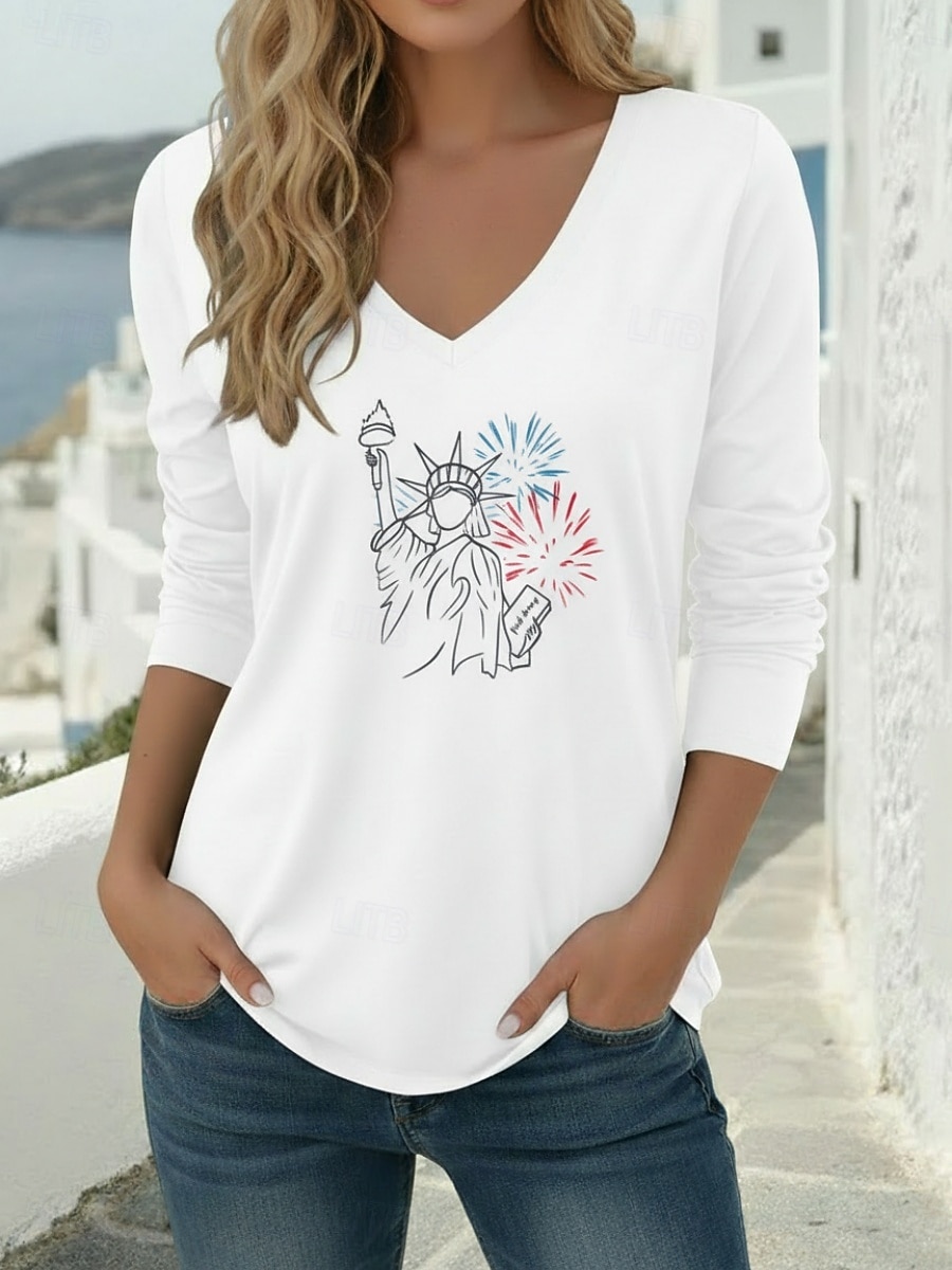 American Independence Day Women's T Shirt Long Cotton Top Tee Top Print Graphic Stylish Classic Casual Long Sleeve V Neck Regular Tops Daily Going out Weekend Blue Black White Red Green Spring Fall 2026 - $21.99 –P6