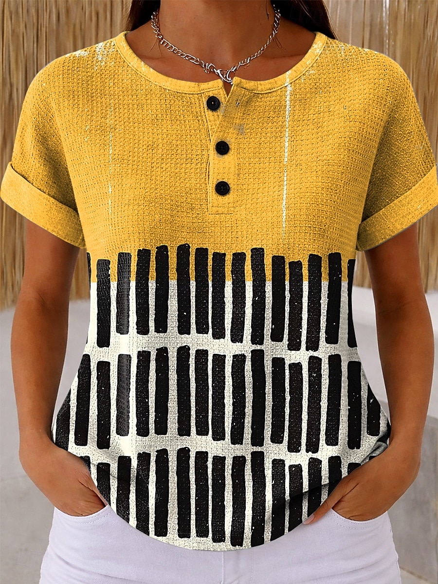 Γυναικείο Waffle T Shirt Χρώμα Μπλοκ Εκτύπωση Γραφικό Γεωμετρικό Αφηρημένο Vintage Κομψό Κλασικό Βραχύ Μανίκι Crew Neck Μακριά Μπλουζάκια Καθημερινά Μπλε Μαύρο Κίτρινο Ροζ Σκούρο Μπλε Καλοκαίρι Άνοιξη 2026 - $9.99 –P9