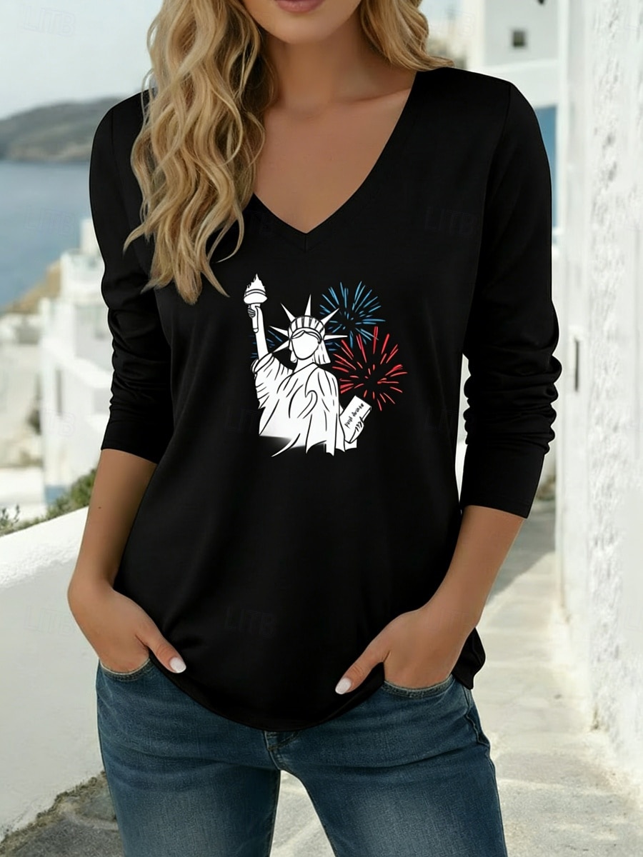 American Independence Day Women's T Shirt Long Cotton Top Tee Top Print Graphic Stylish Classic Casual Long Sleeve V Neck Regular Tops Daily Going out Weekend Blue Black White Red Green Spring Fall 2026 - $21.99 –P1
