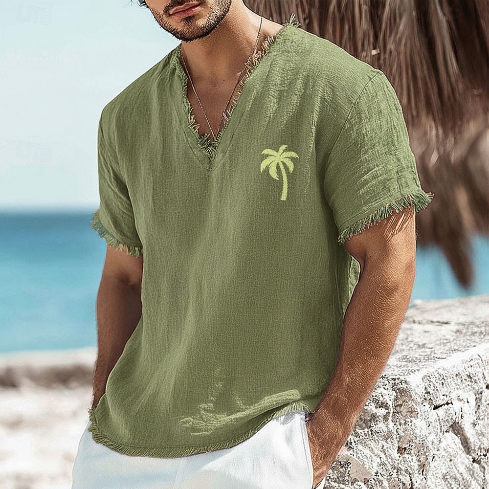 Herren-T-Shirt mit kleinem Palmenprint aus Leinen-Baumwoll-Mischgewebe, V-Ausschnitt, offene Kanten, altrosa, sommerliches Strandurlaubs-Shirt mit Fransen, weiches Designer-Top, Größen S-3XL 2026 - $24.99 –P2