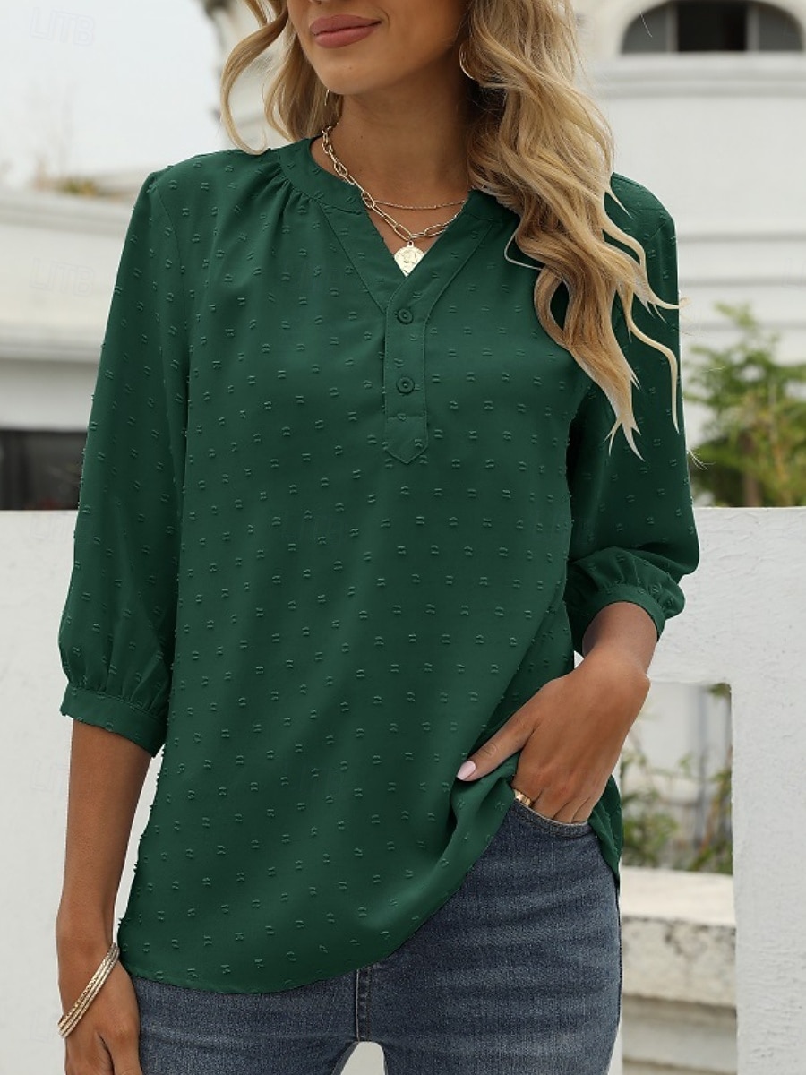 Mujer Blusa Botones Color sólido Elegante Casual Manga 3/4 Escote en Pico Tops regulares Diario Azul Piscina Verde salvia Negro Blanco Rosa Verano Primavera Otoño 2026 - $32.99 –P15