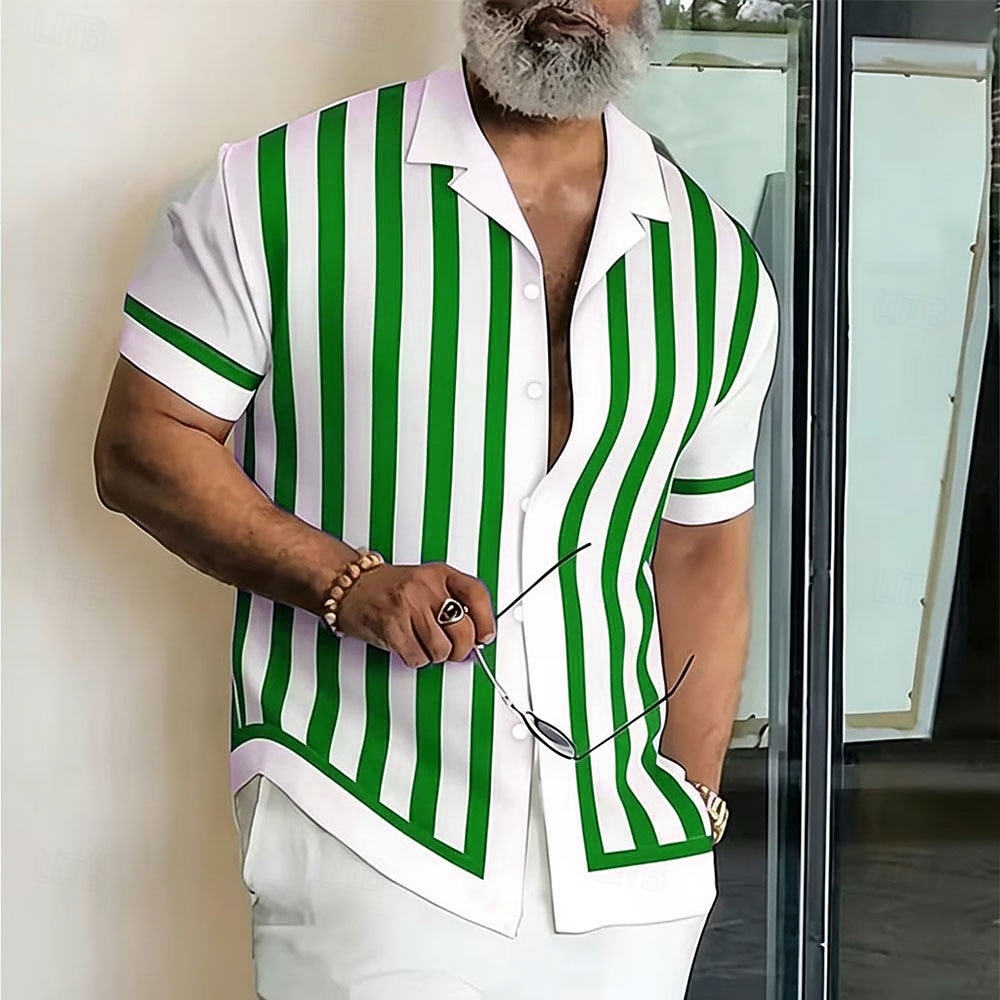 Voor heren Geometrisch Gestreept Overhemd Overhemd met knopen Kampshirt Korte mouw Zakelijk informeel Streetwear Vakantie Zomer Lente Cubaanse kraag 3D-afdrukken blauw Wijn Paars Groen 2026 - $25.99 –P2