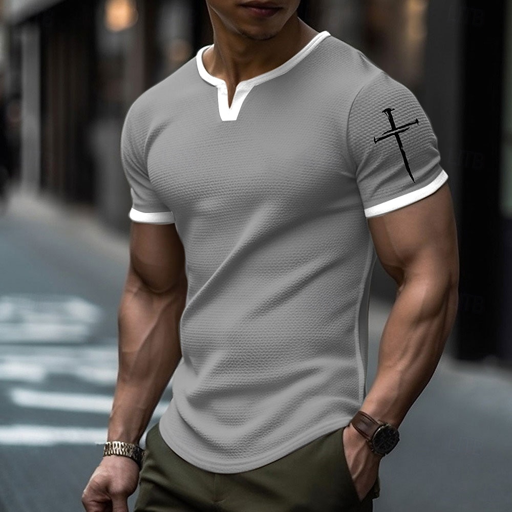 Men's Grey Waffle Knit Nail Cross Sleeve Graphic T Shirt Contrast White V Neck Henley Textured Muscle Slim Fit Christian Religious Faith Casual Short Sleeve Designer Apparel S M L XL XXL XXXL 2026 - $19.99 –P1