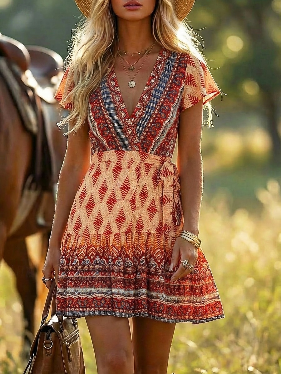 red boho dress short Red Boho Short Trapeze Dress