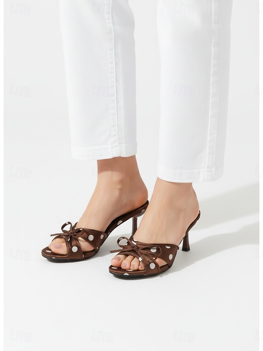 Eleganti mules da donna marroni a pois con tacco alto - chic sandali in raso con fiocco e tacco a spillo, perfetti per banchetti serali, cene in resort di lusso e serate estive. del 2026 a $32.99 –P2