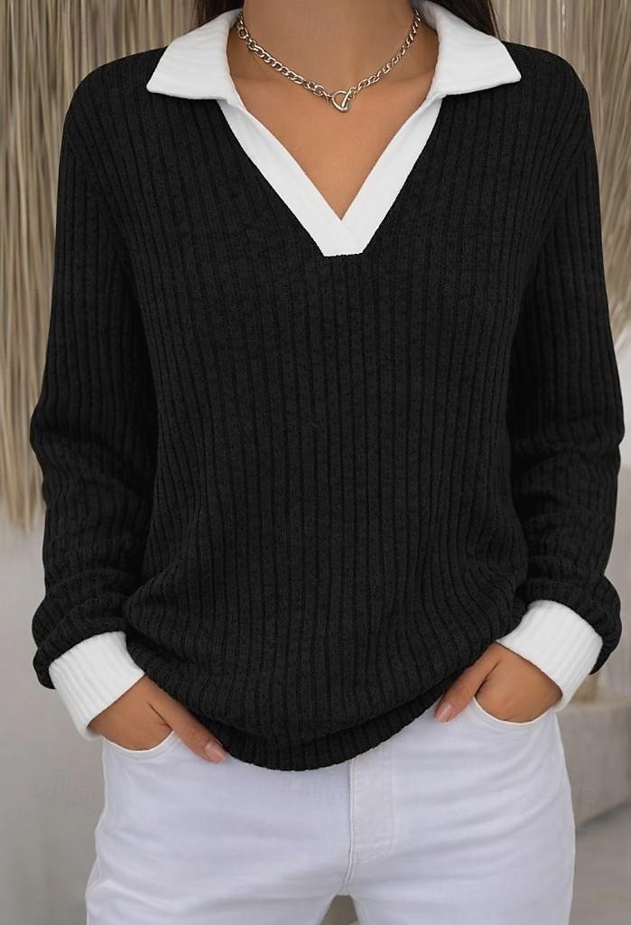 Damen Rippstricktops T Shirt Falscher Zweiteiler Kontrastfarben Stilvoll Lässig Langarm V Ausschnitt Hemdkragen Normale Oberteile Täglich Ausgehen Schwarz Pudriges Rosa Staubiges Blau Khaki Leicht 2026 - $25.99 –P4