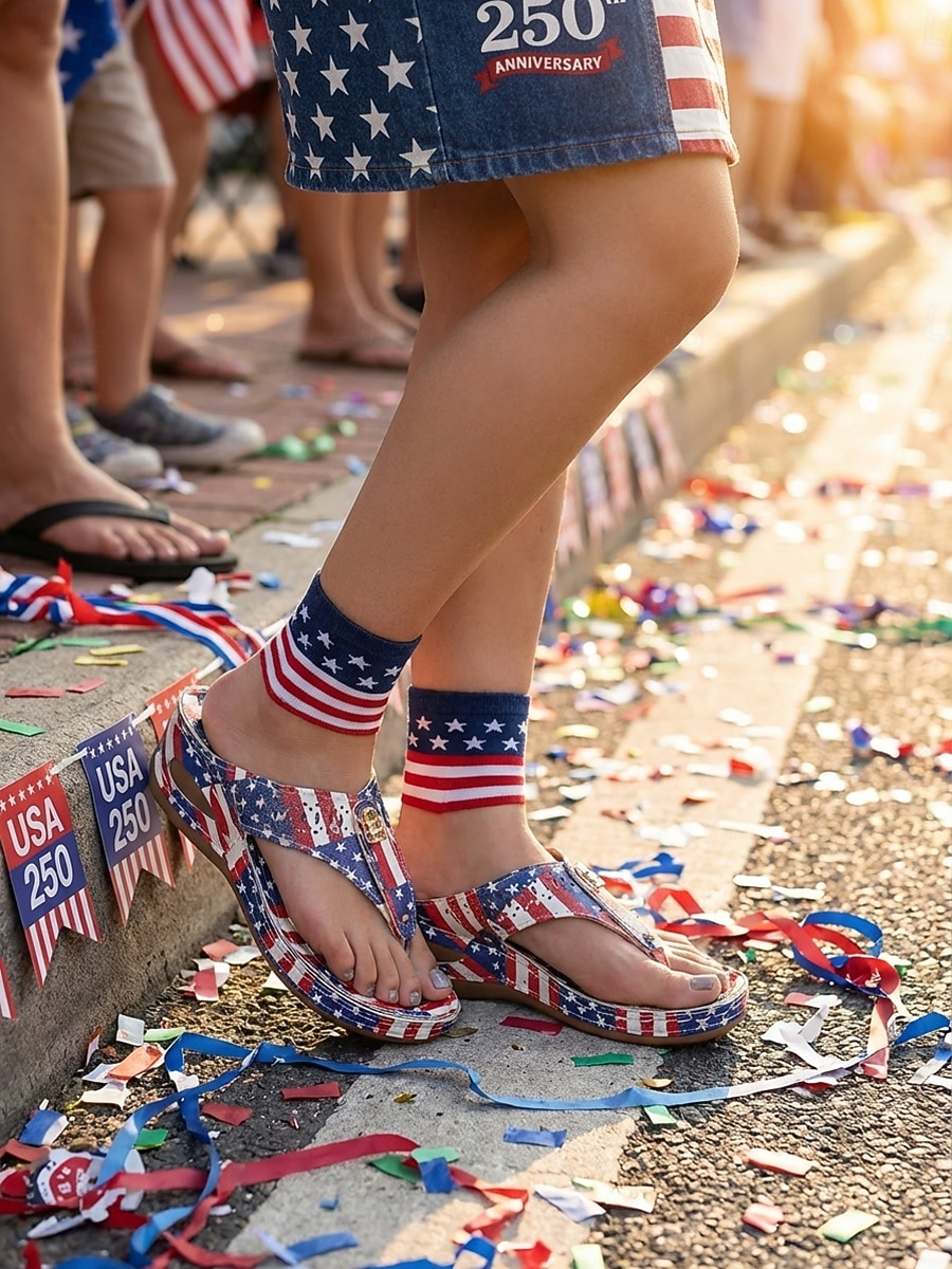 صنادل نسائية حمراء وزرقاء مطبوعة عليها علم الولايات المتحدة الأمريكية بمناسبة الذكرى السنوية الـ 250، شباشب صيفية مريحة ووطنية ليوم الاستقلال وحفلات الأعياد &ملابس كاجوال 2026 - $24.99 –P5