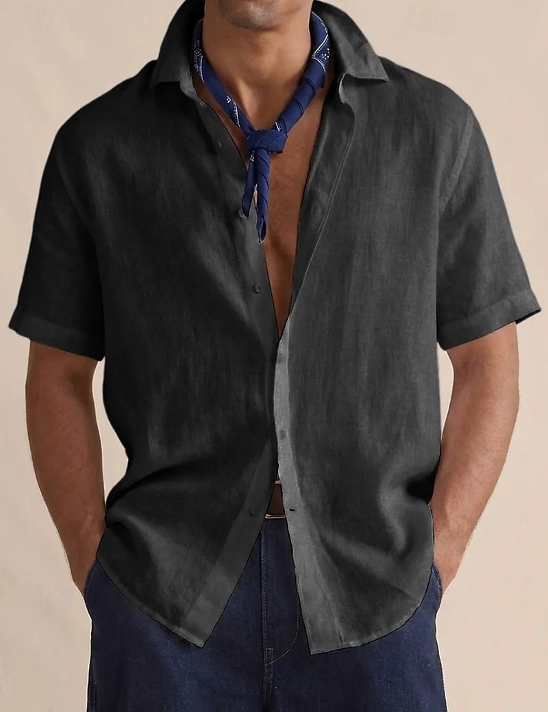 Men's Shirt Linen Shirt Button Up Shirt Solid Color Vacation Street Black White Yellow Light Green Short Sleeve Shirt Collar Summer Spring Clothing Apparel Buttons 2026 - $22.99 –P5