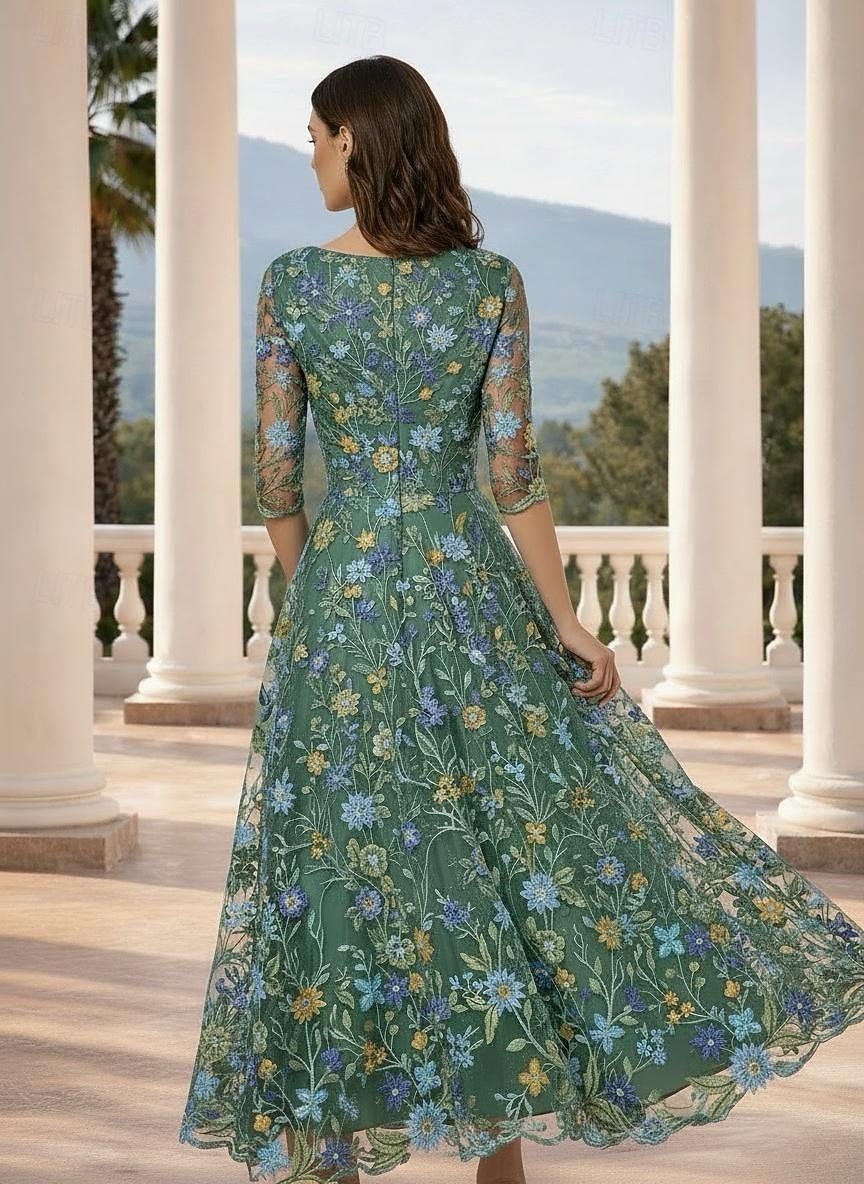 גזרת A עד הריצפה באורך הקרסול שמלות קוקטייל אלגנטית וינטאג' פרחוני חצי שרוול צווארון V מסיבת חצר חתונה סאטן תחרה גב בדוגמת דרפה עם פרח רקום ריקמה אפליקציות 2026 - $163.99 –P4