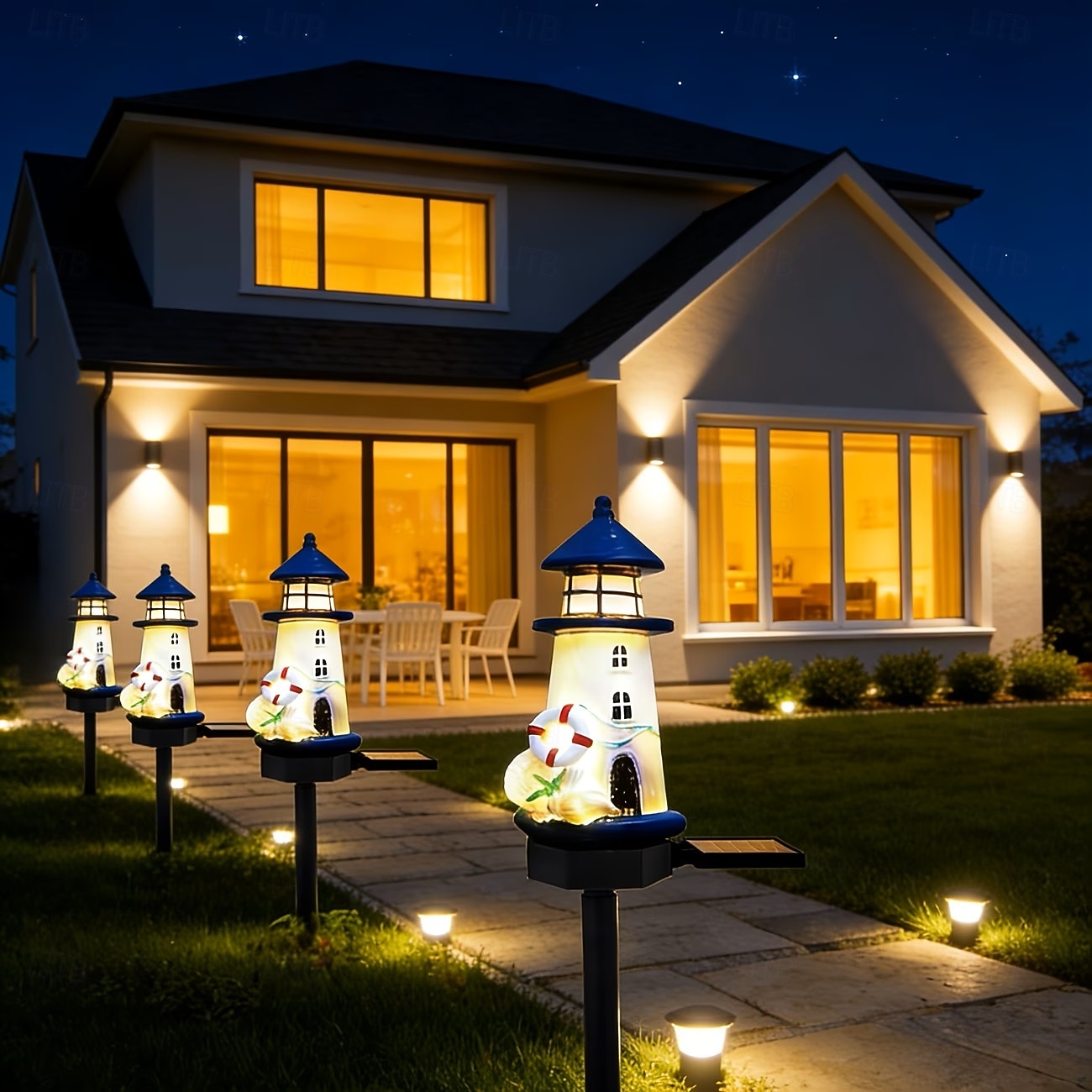 2 luces solares de jardín para exteriores, ideales para patios de villas, paisajes, con diseño de faro de resina, impermeables, para césped, jardines, senderos, camping y decoración de fiestas. 2026 - $30.99 –P2