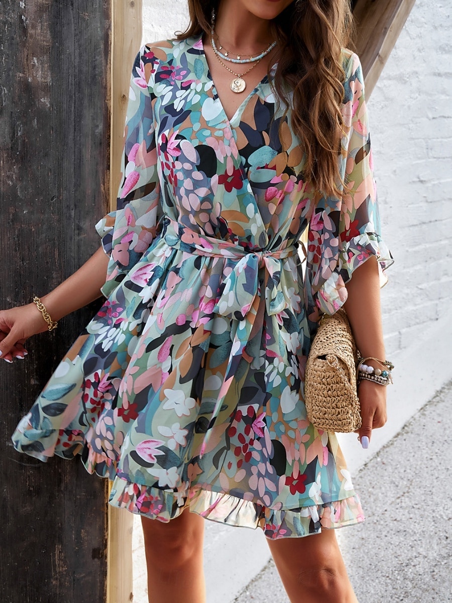 Women's Mini Dress Casual Dress Chiffon Dress Floral Dress Elegant Fashion Modern Outdoor Vacation Going out Regular Fit Floral Half Sleeve V Neck Black Pink Green Summer Spring 2026 - $41.99 –P16