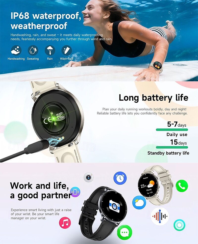 Smart Watch with Built-in Flashlight for Men Women, Round HD Touch Screen Fitness Tracker with Heart Rate Sleep Monitor, Waterproof Sport Smartwatch for Android iOS, Pedometer, Stylish Leather Strap 2026 - $43.99 –P6