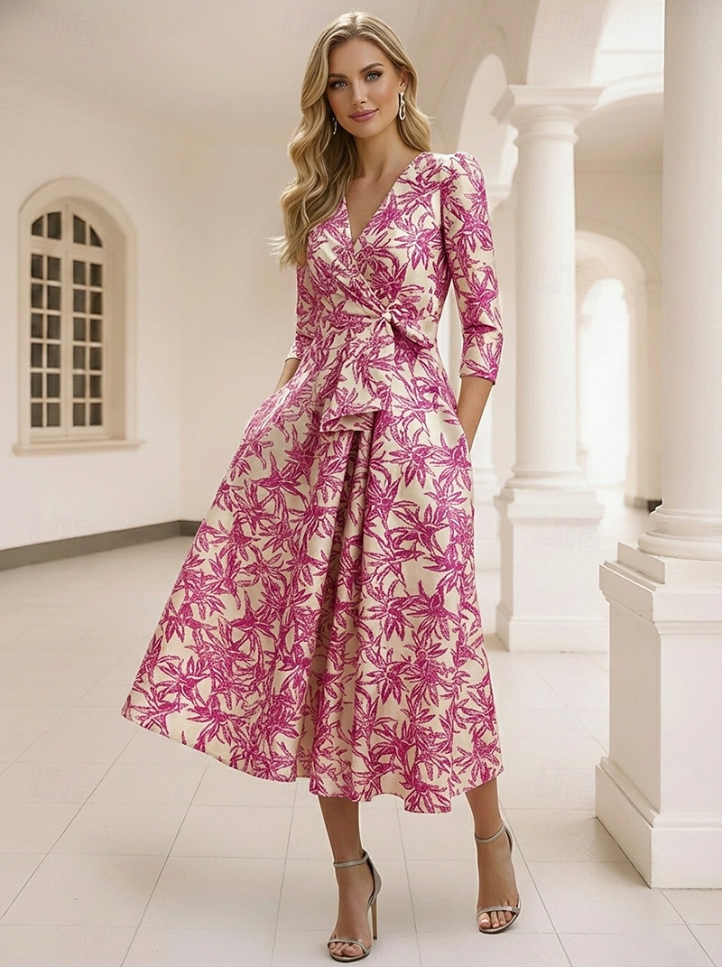 Corte A Vestido Midi Vestido formal Vestidos de coctel Elegante Manga 3/4 Escote en Pico Boda Formal Jacquard con Lazo(s) Plisado 2026 - $154.79 –P4