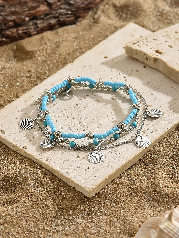 2026年 女性用ボヘミアンスタイル合金アンクレットセット、マルチカラー、シェルチャーム、普段使い、休暇、旅行に最適  コレクション – $7.99 –P5