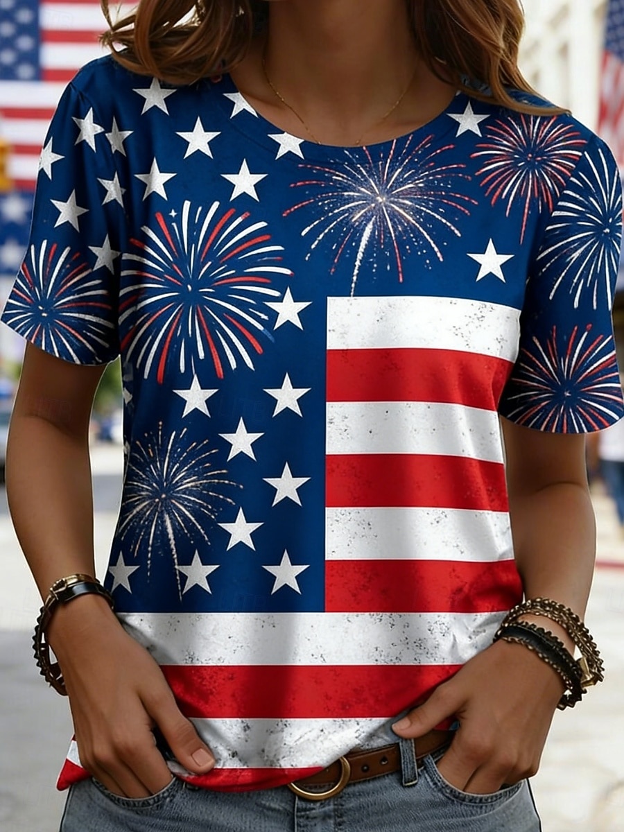 Giorno dell'Indipendenza Americana Per donna Maglietta Stampato Grafico Bandiera Elegante Classico Casual Manica Corta Girocollo Top Regolari Quotidiano Uscire Weekend Blu Blu Reale Estate Primavera del 2026 a $14.99 –P1