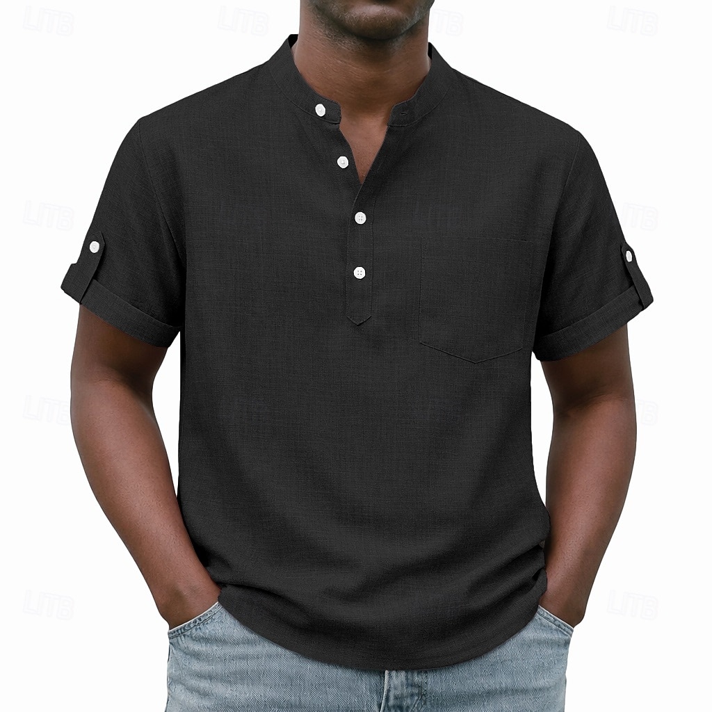 Men's Shirt Popover Shirt Casual Shirt Button Up Shirt Light Pink Black Yellow Light Green Pink Short Sleeve Plain Grandad Collar Casual Daily Clothing Apparel Elegant Fashion Casual 2026 - $26.99 –P2