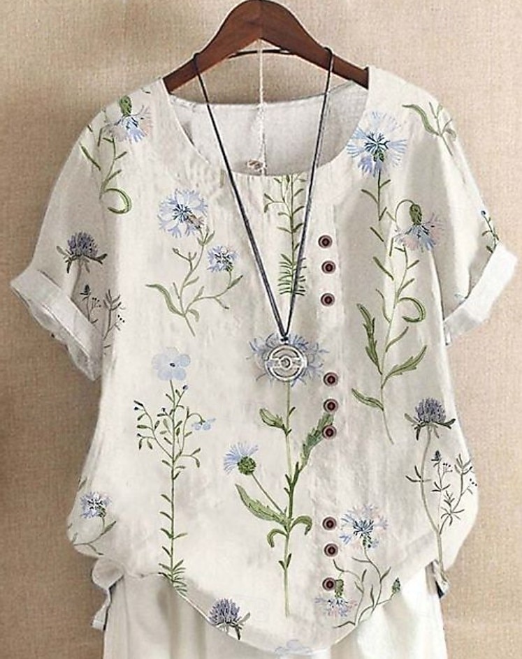 Damen Hemd Hemden in Leinenoptik Bluse Druck Blumen Grafik Lässig Kurzarm Rundhalsausschnitt Rundausschnitt Lange Oberteile Täglich Weiß Sommer Frühling 2026 - $25.99 –P2