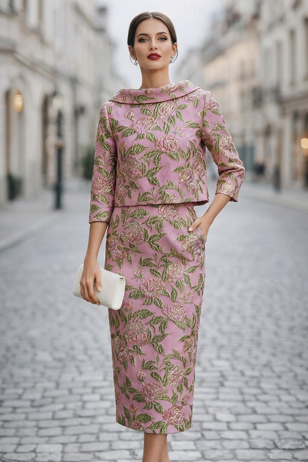 Strak kolom Jurk pak Tot de enkel Feestjurk Cocktail jurk Bruiloft gast jurk Moeder van de bruid jurk 3/4 mouw Boothals Elegant Vintage Formeel Bruiloft gast Kentucky Derby Jacquard met Bloemenprint 2026 - $154.79 –P4