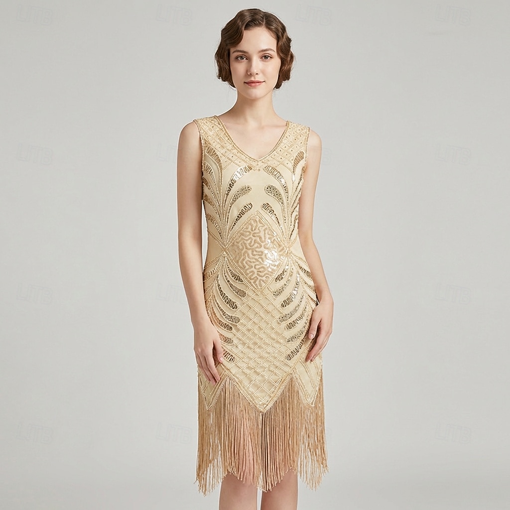 Vintage Roaring 20s 1920s Knee Length Dress Flapper Dress Sleeveless The Great Gatsby Charleston Sequins Tassel Fringe Fancy Dress Women's Halloween
