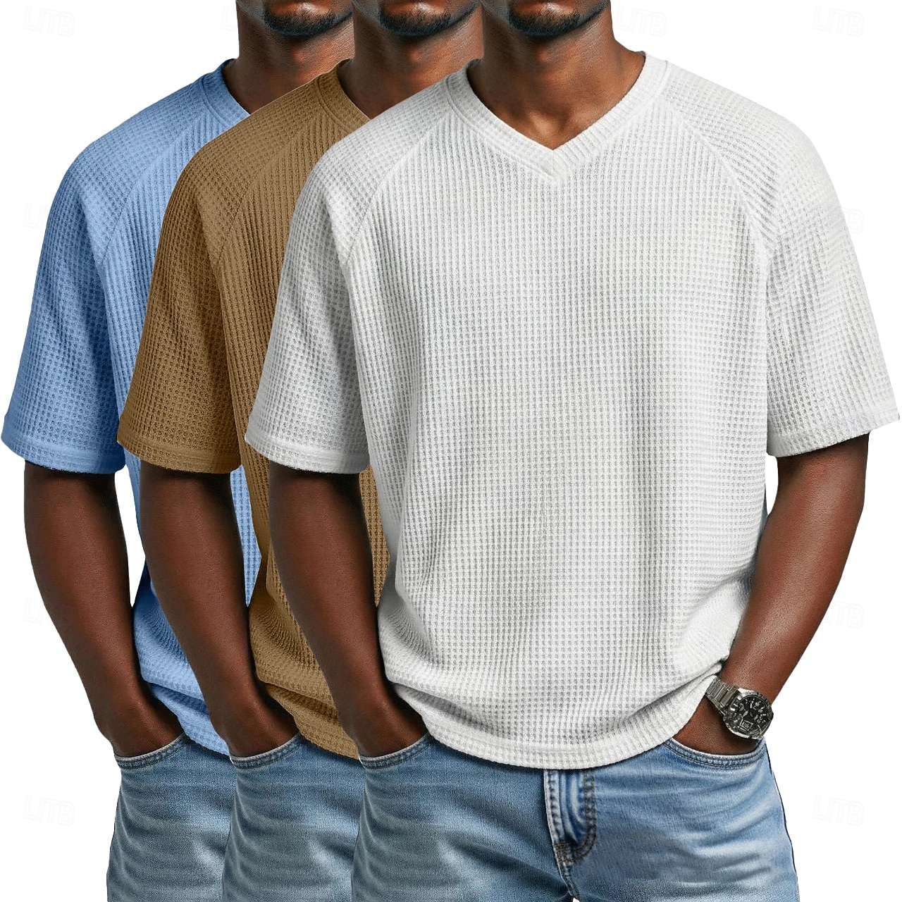 3 pezzi t-shirt da uomo waffle maglietta a maniche corte scollo a V estate tinta unita testurizzata alla moda designer casual multipack maniche raglan casual quotidiano esterno blu bianco maglietta del 2026 a $51.99 –P3