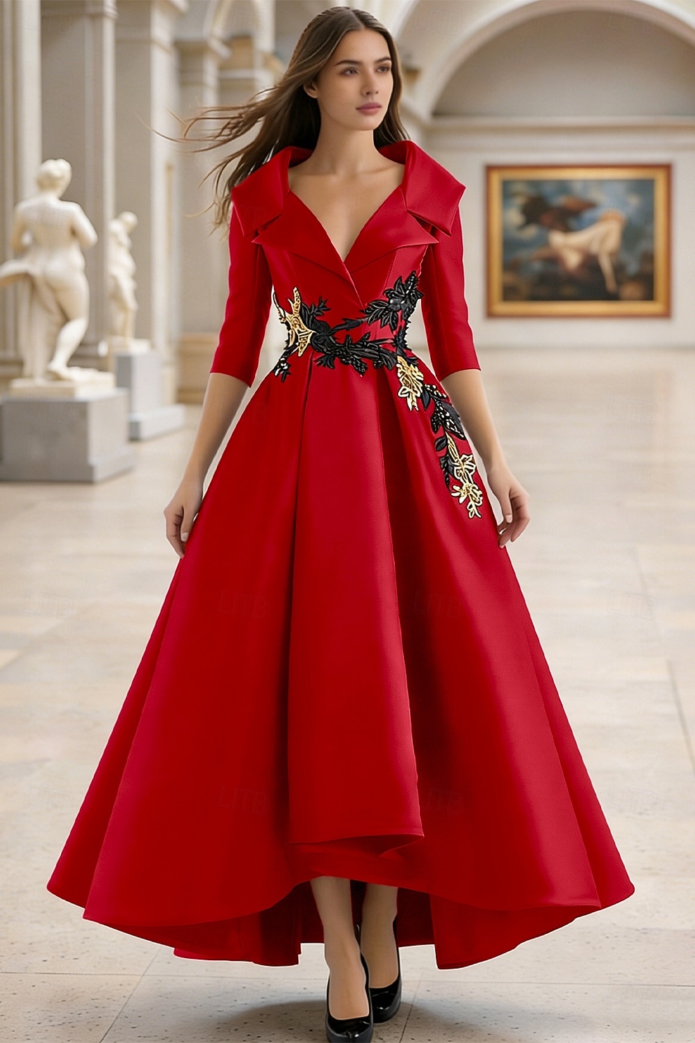 Linha A Longo Vestido formal Vestidos de noite Elegante Manga Longa Decote V Carnaval Formal Bolsos Cetim com Miçangas Apliques de 2026 por $195.99 –P12