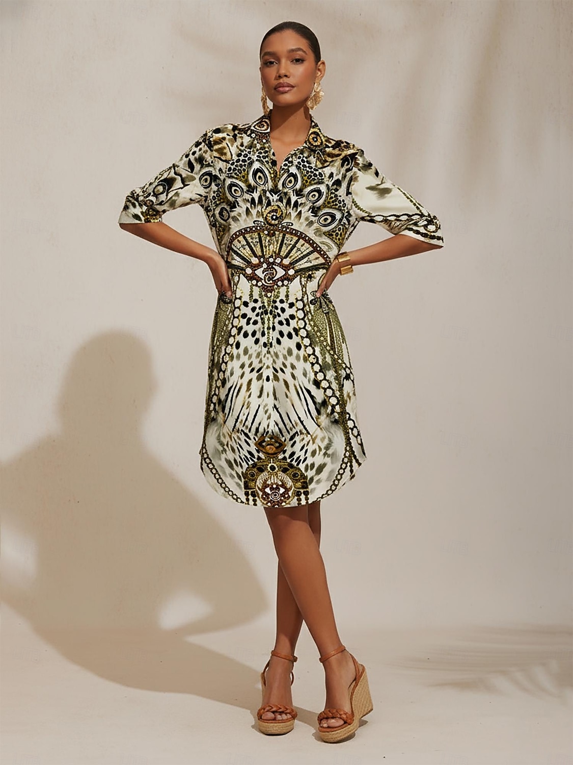 vintage-leopardikoruja silkkisestä satiinista valmistettu suora paitamekko 2026 - $91.99 –P1