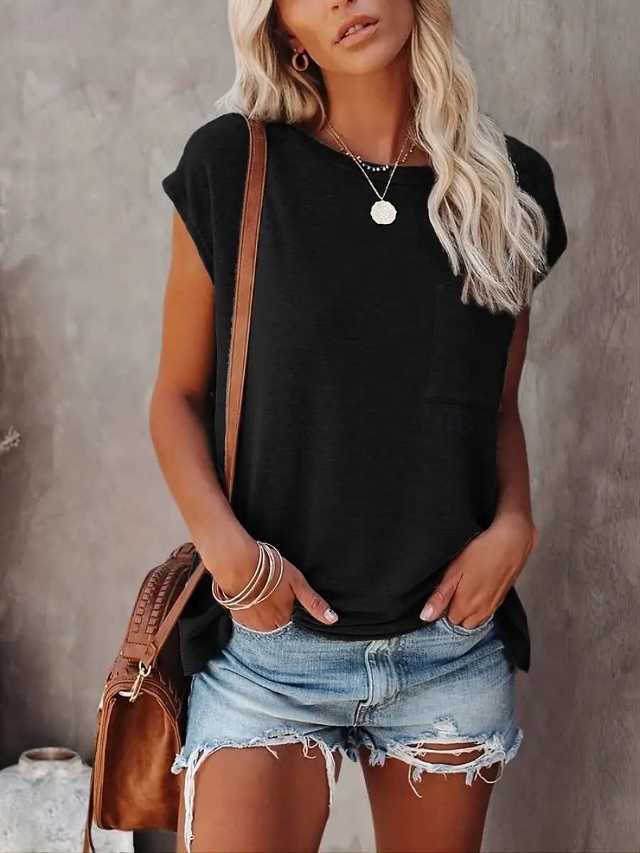 Damen Bluse Tasche Einfach Vintage Stilvoll Ärmellos Rundhalsausschnitt Normale Oberteile Täglich Ferien Ausgehen Schwarz Gelb Rosa Purpur Grün Sommer Frühling 2026 - $19.99 –P3