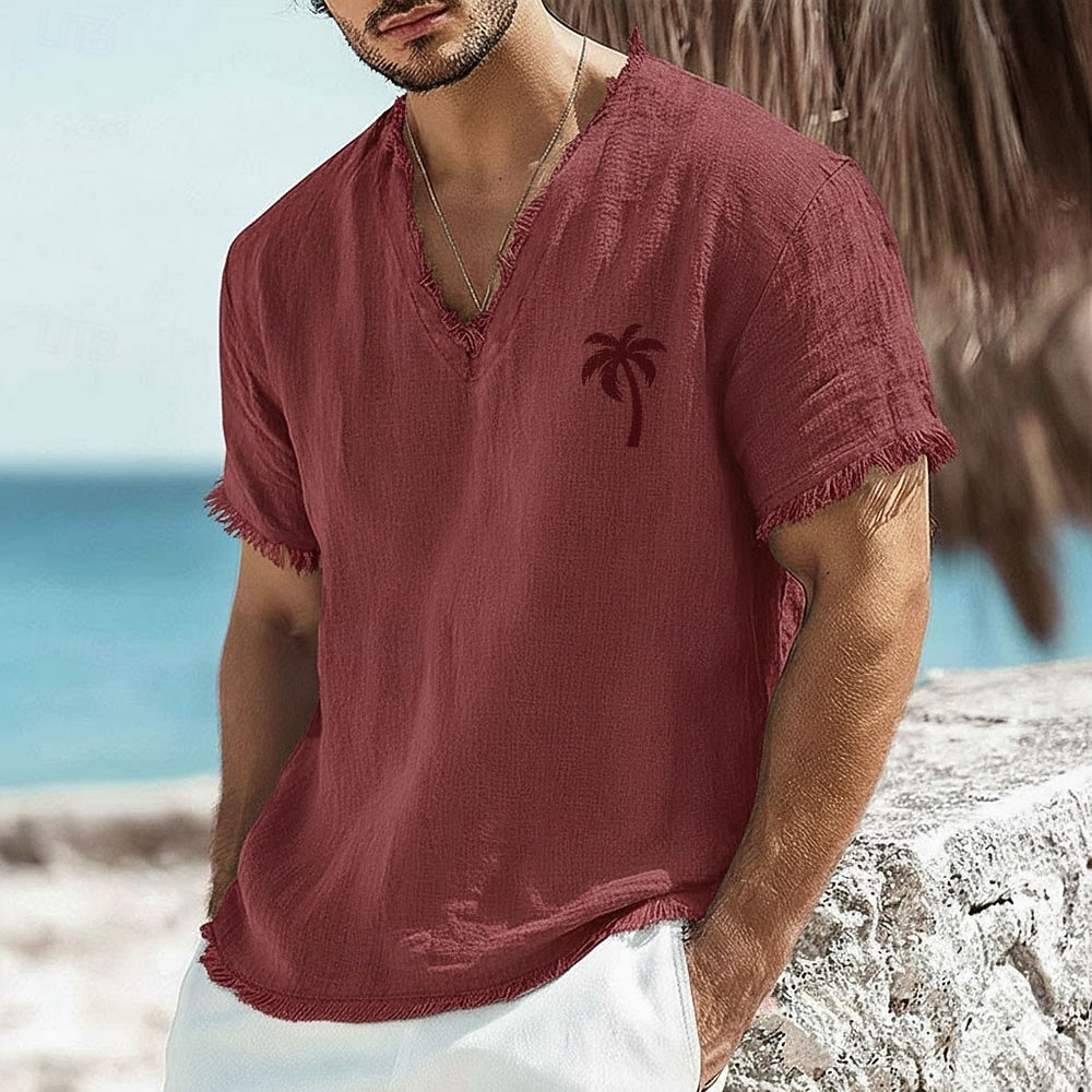 Herren-T-Shirt mit kleinem Palmenprint aus Leinen-Baumwoll-Mischgewebe, V-Ausschnitt, offene Kanten, altrosa, sommerliches Strandurlaubs-Shirt mit Fransen, weiches Designer-Top, Größen S-3XL 2026 - $24.99 –P5