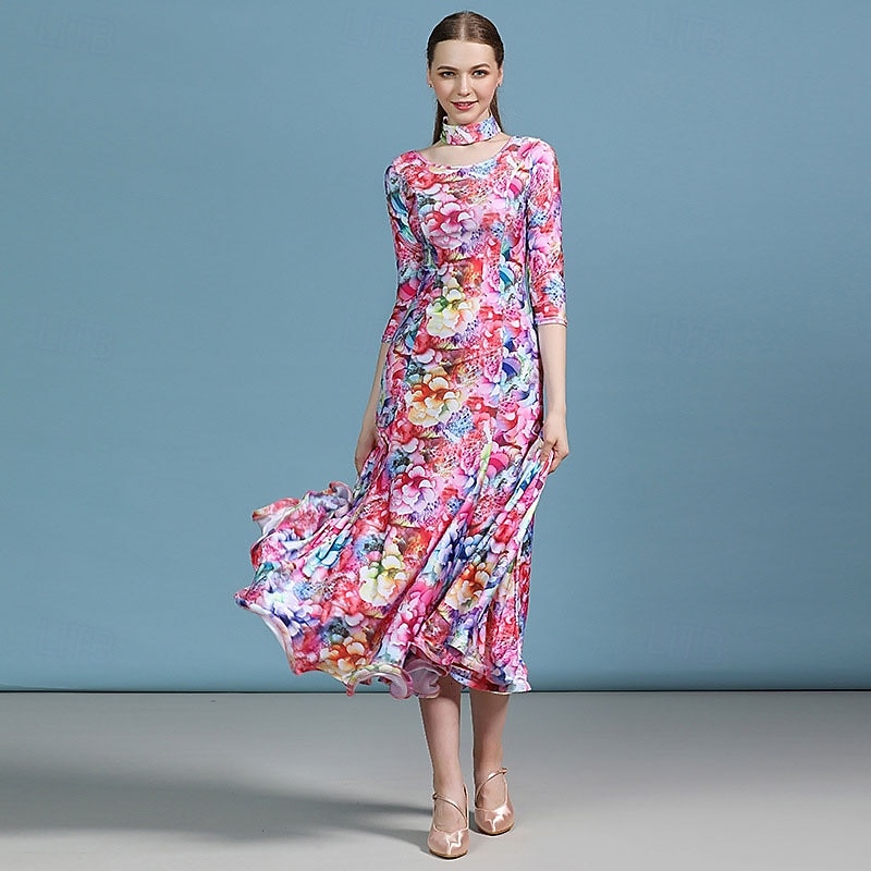 Ballroom Dance Dress Floral Print Pleats Women's Party Training Performance 3/4 Length Sleeve High Elastane 2026 - $119.99 –P2