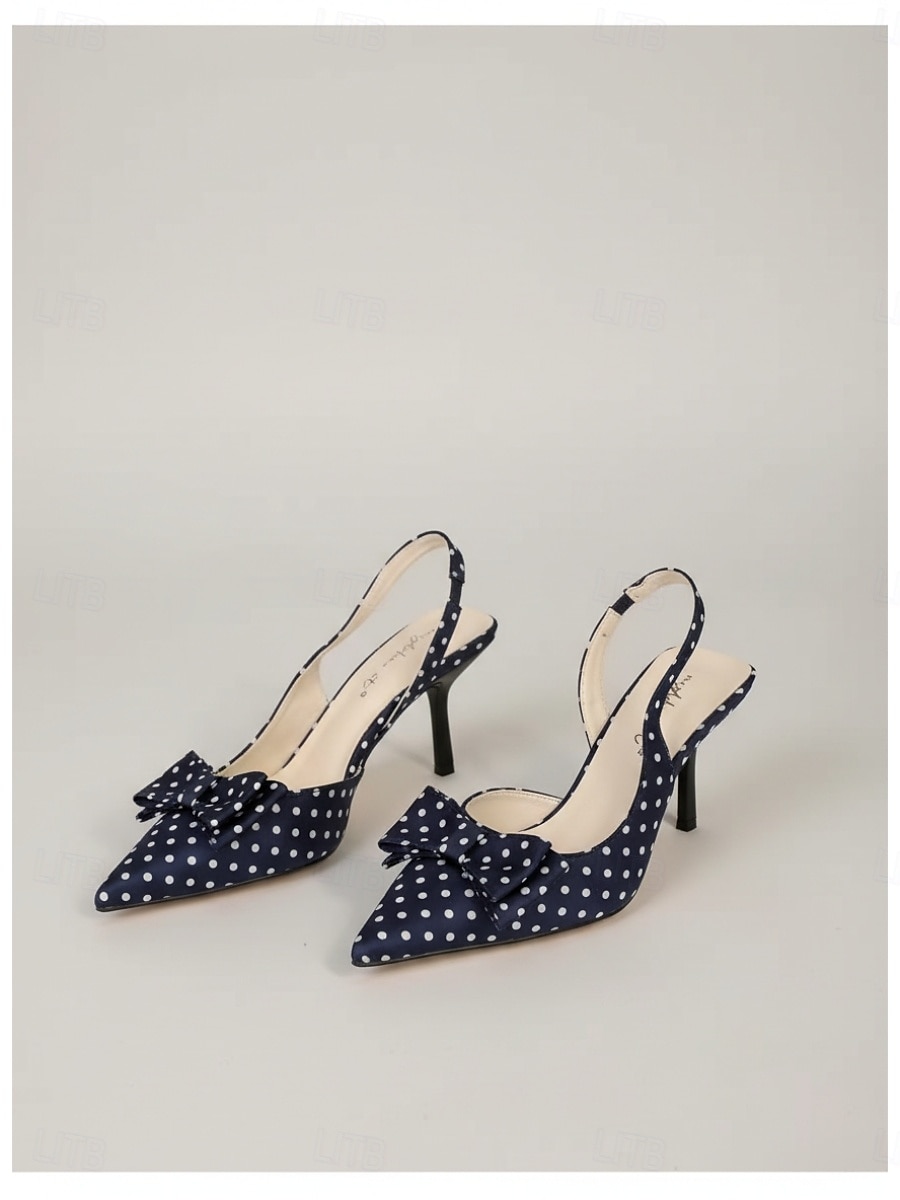 Dames slingback hakken in marineblauw met stippen - elegante kittenhakken met spitse neus en strikdetail, perfect voor op kantoor, dagelijks gebruik en semi-formele gelegenheden. 2026 - $34.99 –P3