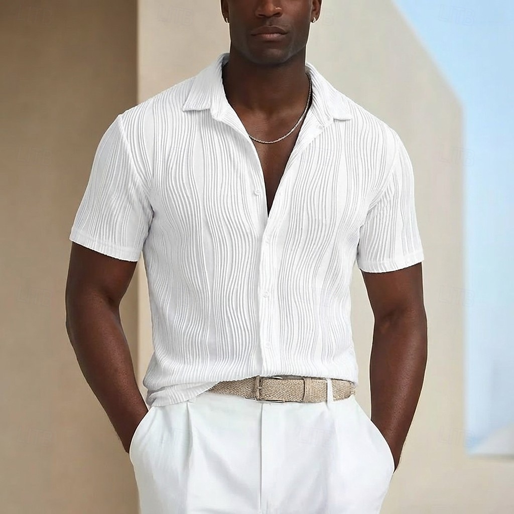 رجالي قميص قميص صيفي قميص غير رسمي زر حتى القميص قميص جاكار أزرق أسود أبيض أخضر كم قصير خطوط / أمواج قبة فضفاض مناسب للبس اليومي قماش الجاكار ملابس موضة كاجوال مريح 2026 - $21.99 –P4