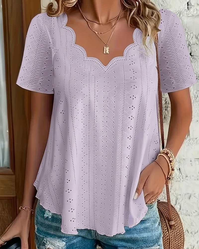 Women's Pointelle Shirt Eyelet Top Blouse Eyelet Plain Active Basic Casual Short Sleeve V Neck Regular Tops Casual Daily Beach Black White Yellow Pink Wine Summer Spring 2026 - $8.99 –P6