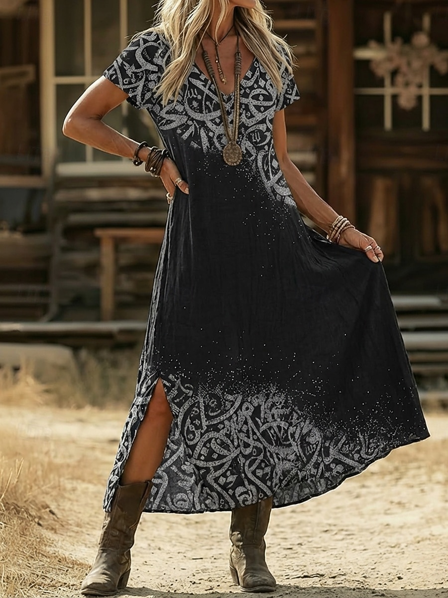 2026年 女性用 マキシドレス 自由奔放に生きるドレス カジュアルドレス A ラインドレス プリントドレス ヴィンテージ アウトドア バケーション 週末 ルーズフィット グラフィック 半袖 Ｖネック ブラック イエロー ライトグリーン ピンク 夏 春  コレクション – $12.49 –P9