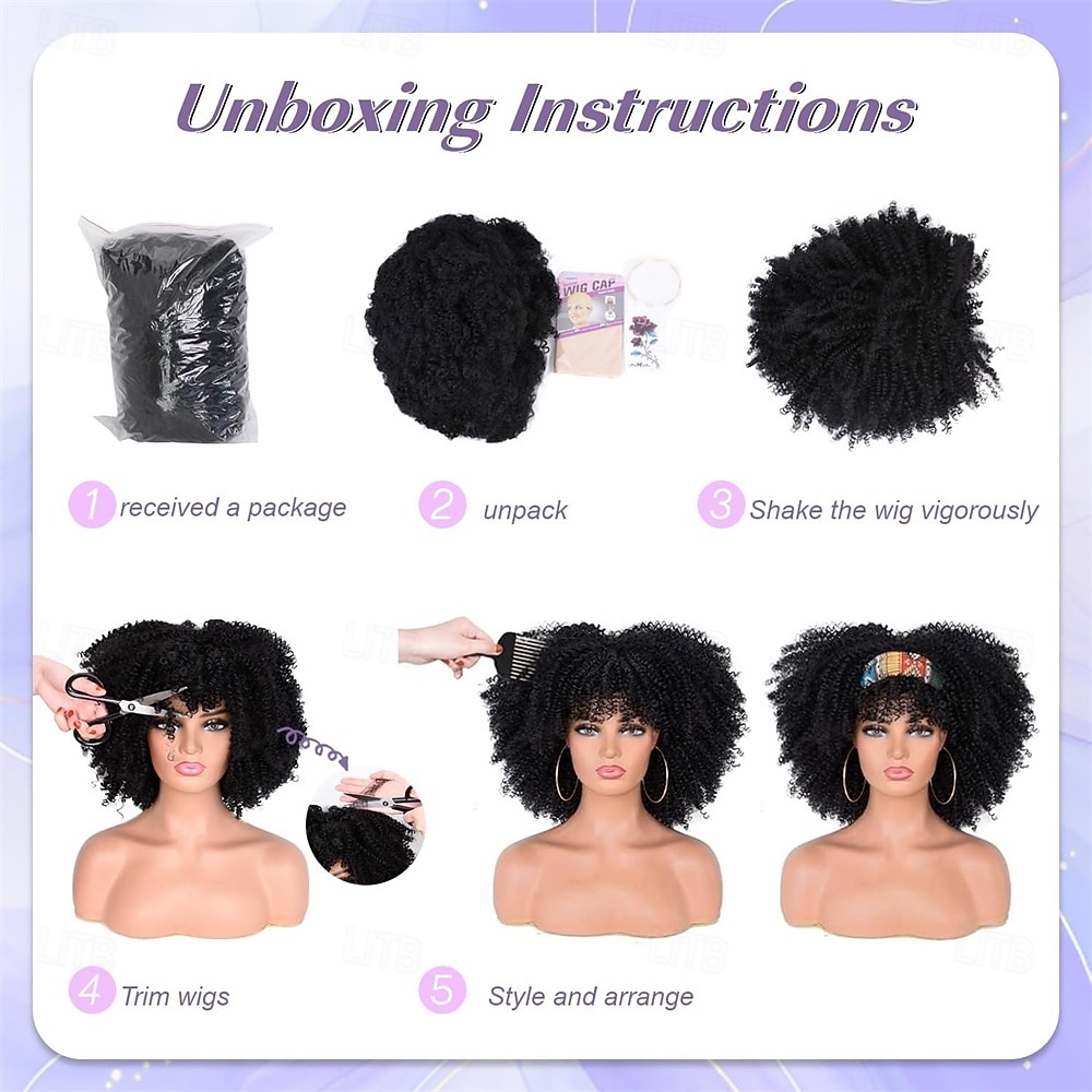 Кудрявые афро-парики для чернокожих женщин, афро-парик с челкой, без клея, пышный и объемный, как бомба, подходит для повседневной носки и работы, черный цвет 2026 - $30.99 –P6