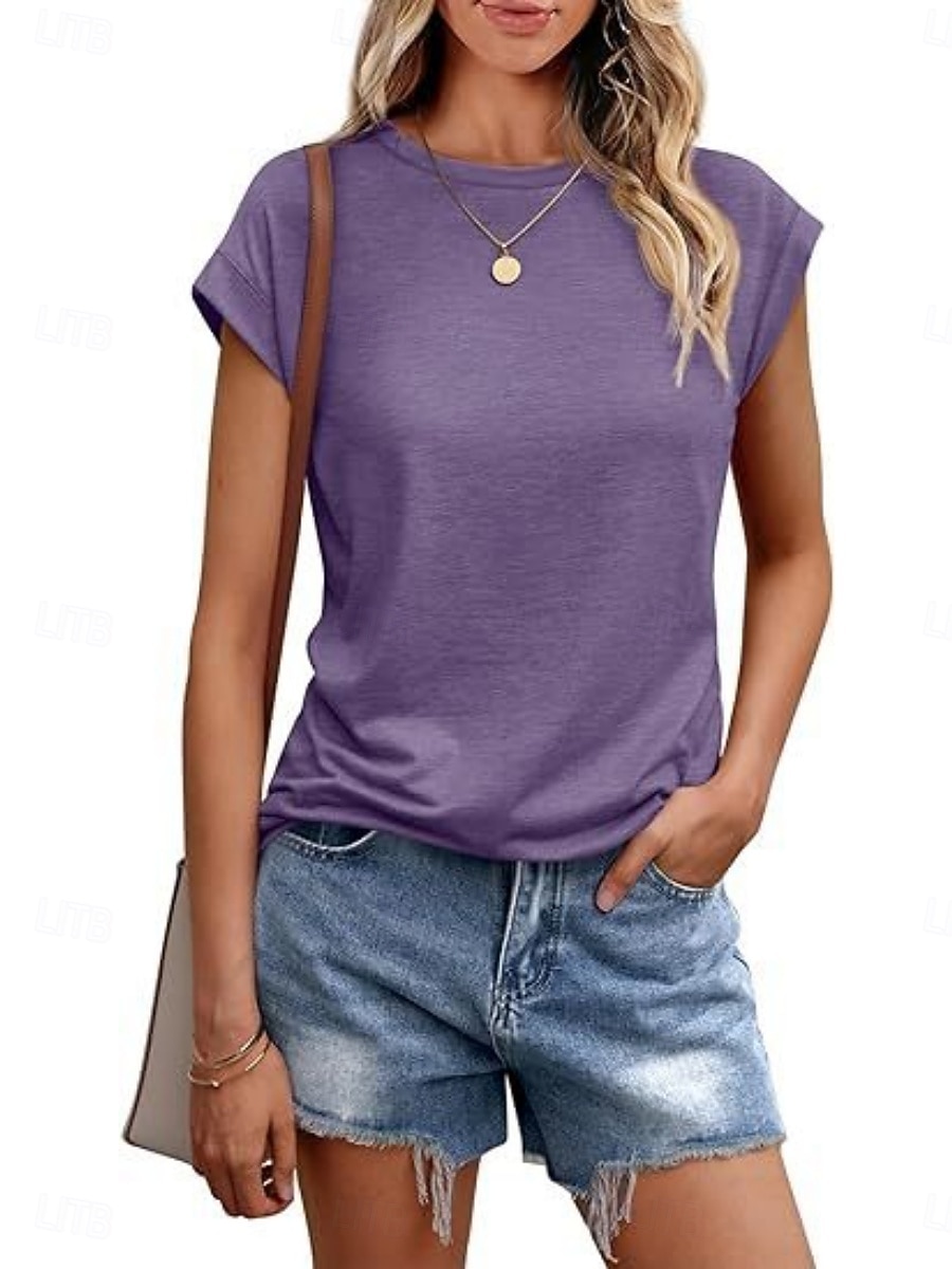 Damen T Shirt T-Shirt Einfach Mode Stilvoll Klassisch Kurzarm Rundhalsausschnitt Normale Oberteile Täglich Ausgehen Wochenende Blau Schwarz Weiß Hellgrün Rosa Sommer Frühling 2026 - $19.99 –P3