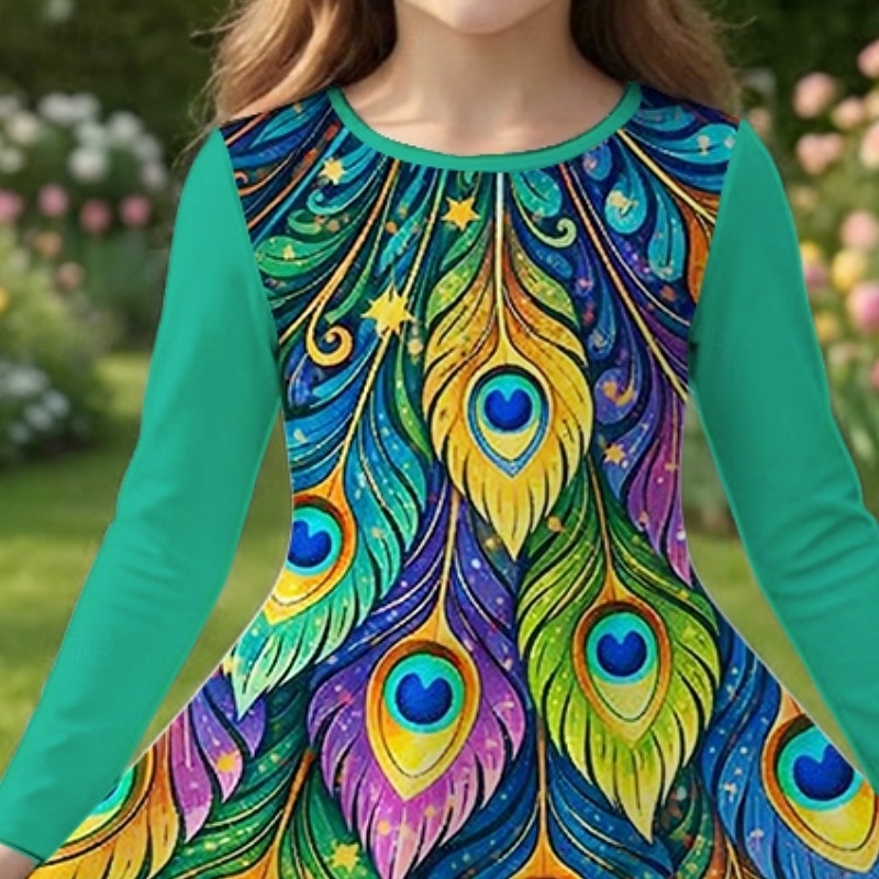 Girls ' 3D Graphic Pavo real Vestido Manga Larga Impresión 3D Primavera Otoño Diario Vacaciones Fiesta Casual Princesa Hermosa Niños 4-12 años Vestido informal Vestido de una línea Hasta la Rodilla 2026 - $20.99 –P2