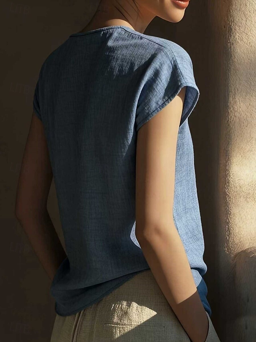 Women's T Shirt Cotton Linen T Shirt Faux Cotton Linen Tee Top Patchwork Plain Classic Casual Short Sleeve V Neck Regular Tops Daily Going out Weekend Sky Blue Apricot Gray Summer Spring 2026 - $24.99 –P2