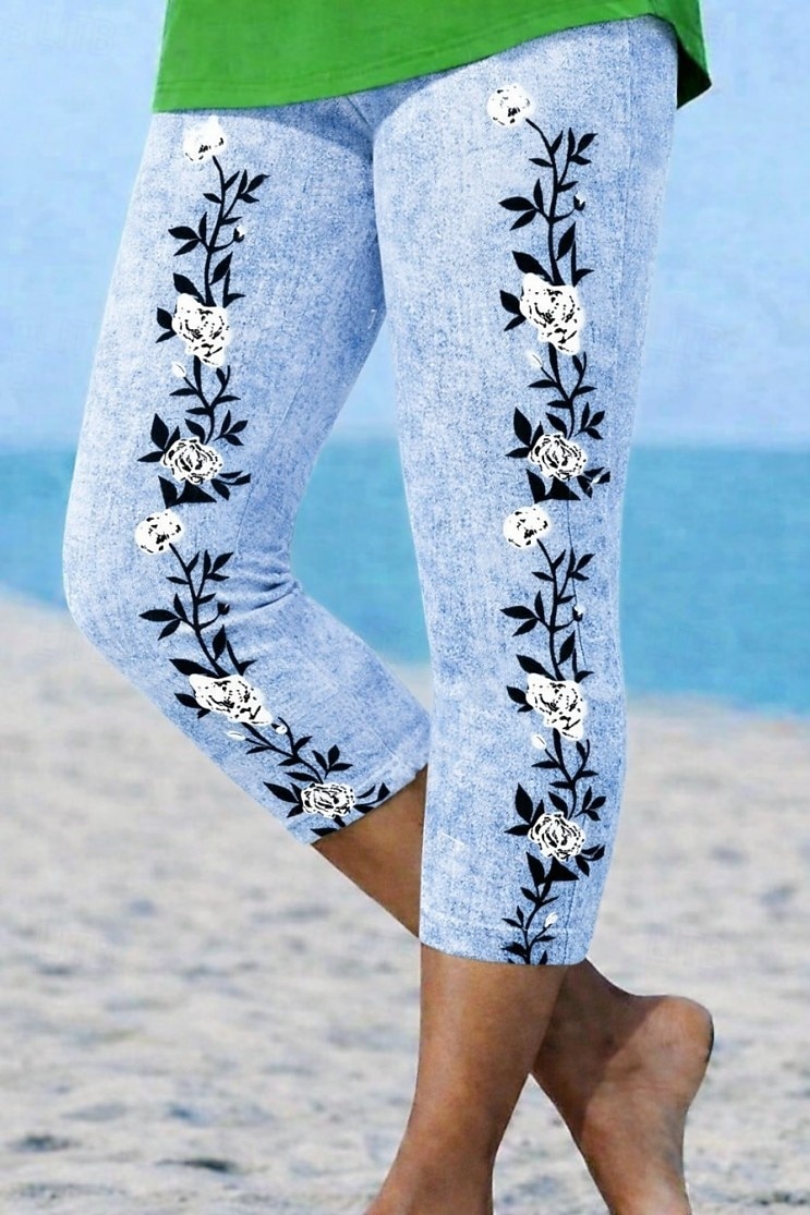 Dame Capri-bukser Leggings Ferie Mote Hawaiisk Kalv lengde Medium Midje Blomstret Grafisk Printer Trykt mønster Myk Pustende Mikroelastisk Avslappet Daglig Feriereise Blå Sommer Vår Slank Fasong 2026 - $21.99 –P1