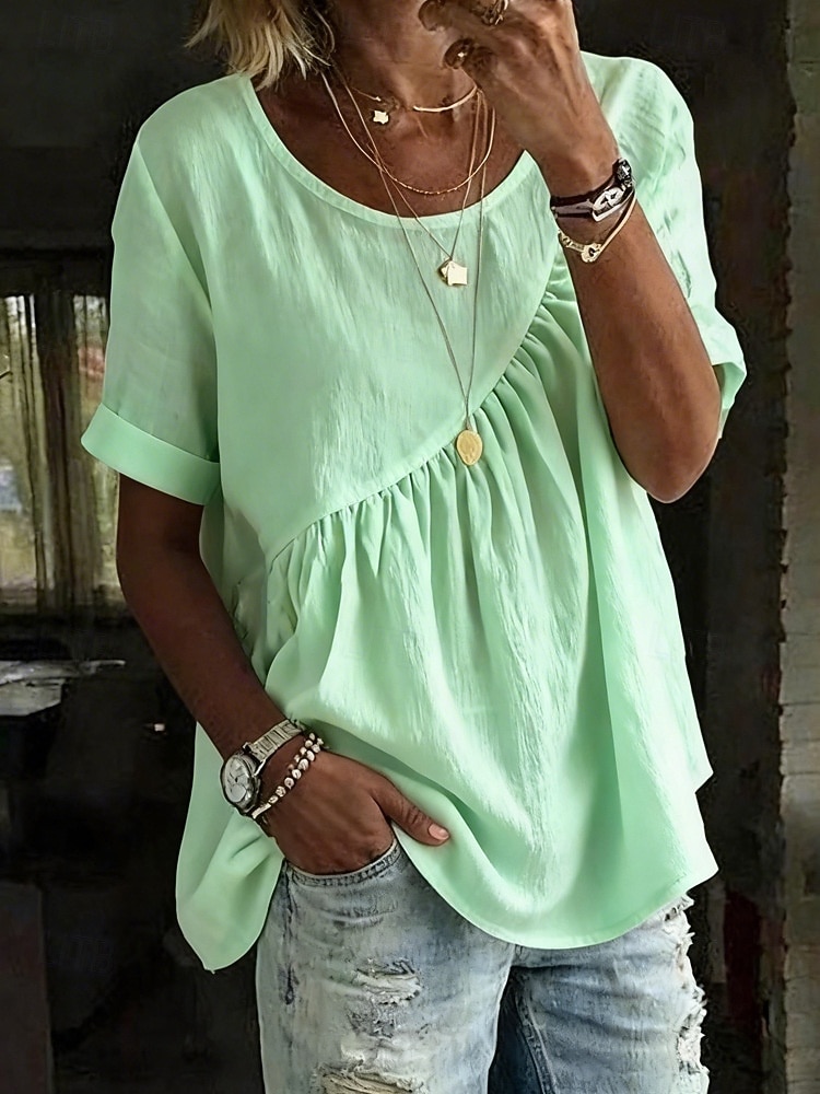 Dames Blouse Katoenen shirt Met ruches Effen Kleur Dagelijks Stijlvol Basic Korte mouw Strakke ronde hals Normale tops Dagelijks blauw Wit Geel Blozend Roze Groen Zomer Lente Herfst 2026 - $21.99 –P3