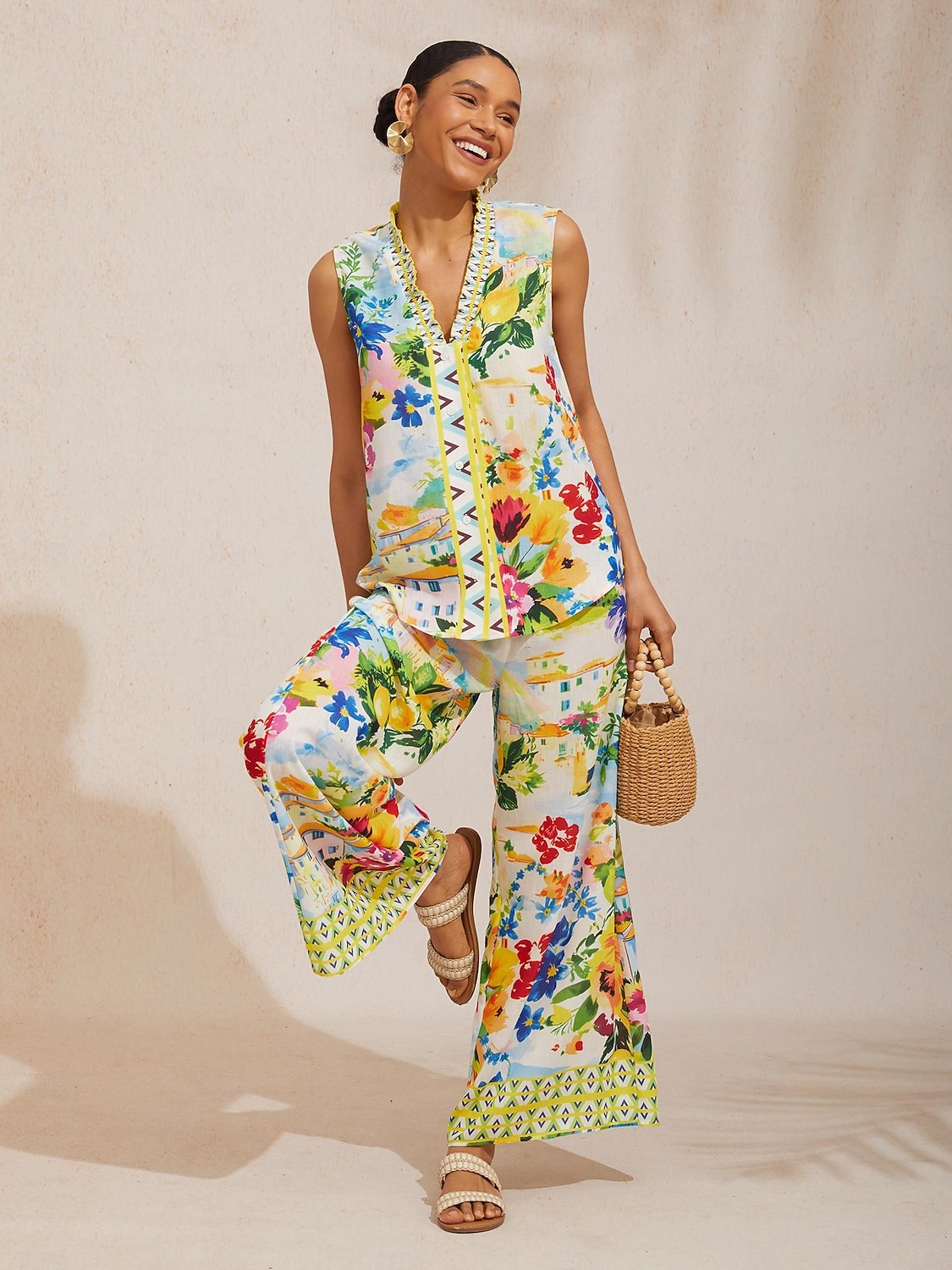 Luftig ärmlös topp i linne-look med citrusträdgård och semestermönster 2026 - $56.99 –P9